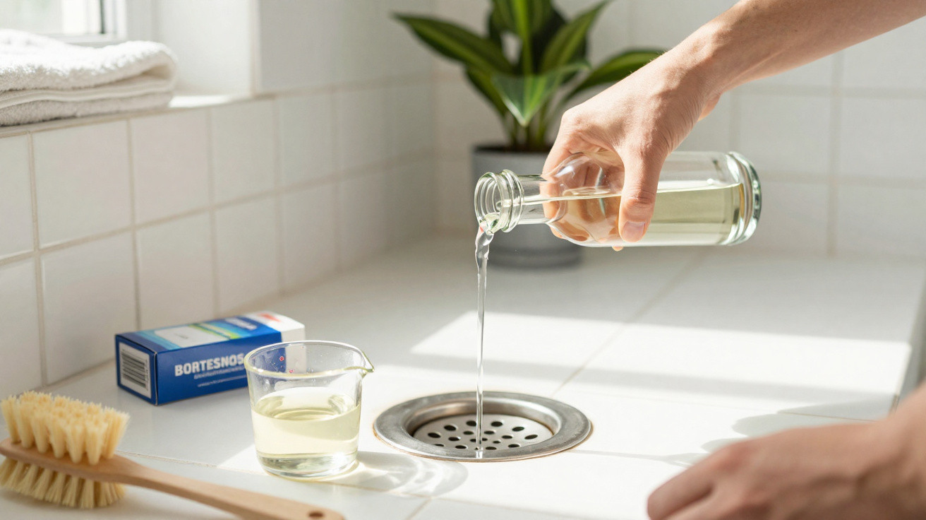 Hand gießt Flüssigkeit aus Flasche in Spüle, daneben Bürste und Messbecher mit Flüssigkeit.