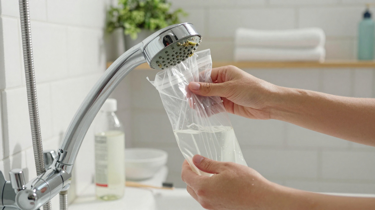 Person füllt eine durchsichtige Plastiktüte mit Wasser aus einem Duschkopf in einem Badezimmer.