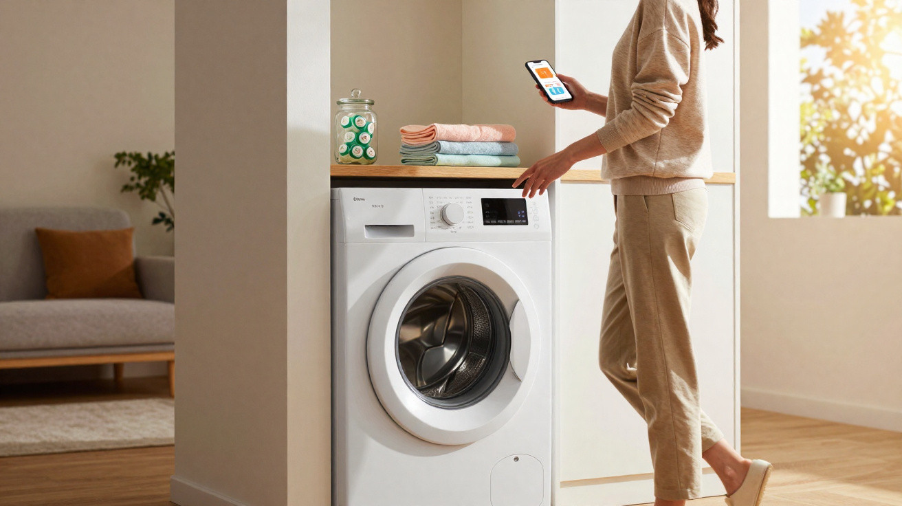Frau bedient weiße Waschmaschine mit Smartphone in modernem hellen Waschraum.