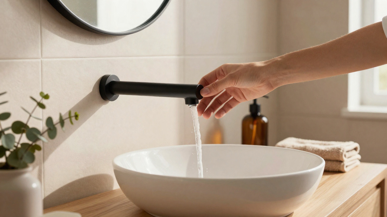 Hand dreht schwarzen Wasserhahn über weißem Waschbecken in modernem Badezimmer mit Pflanzen und Handtüchern.