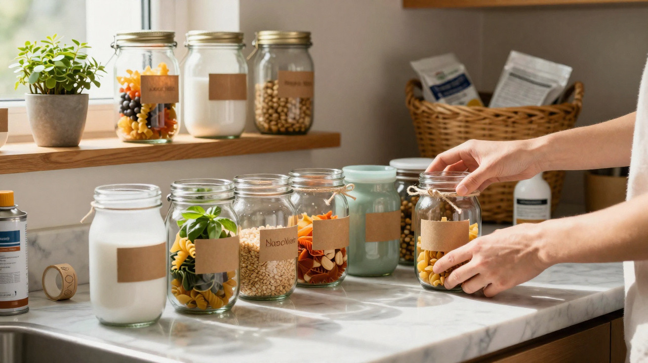 Gläser mit Lebensmitteln wie Nudeln, Getreide und Hülsenfrüchten auf Küchentheke, Hände greifen Glas.