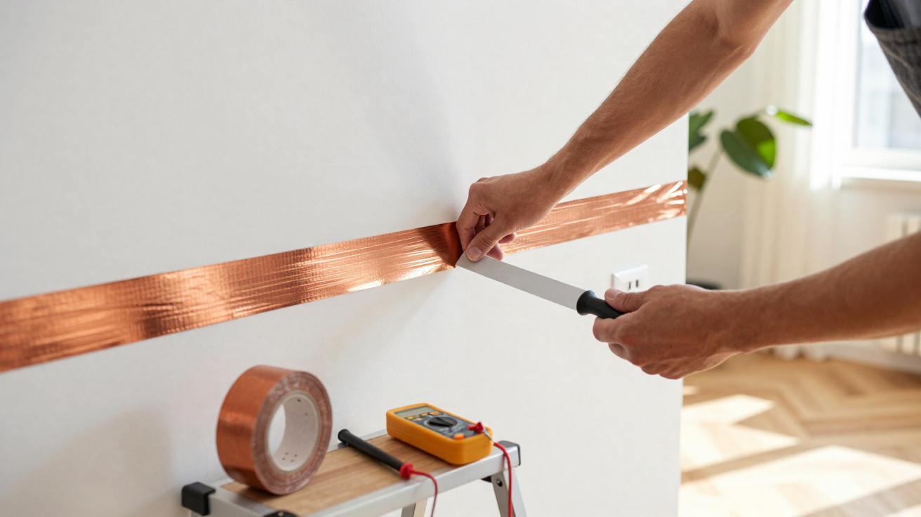 Person bringt Kupferband als elektromagnetische Abschirmung an einer weißen Wand an.