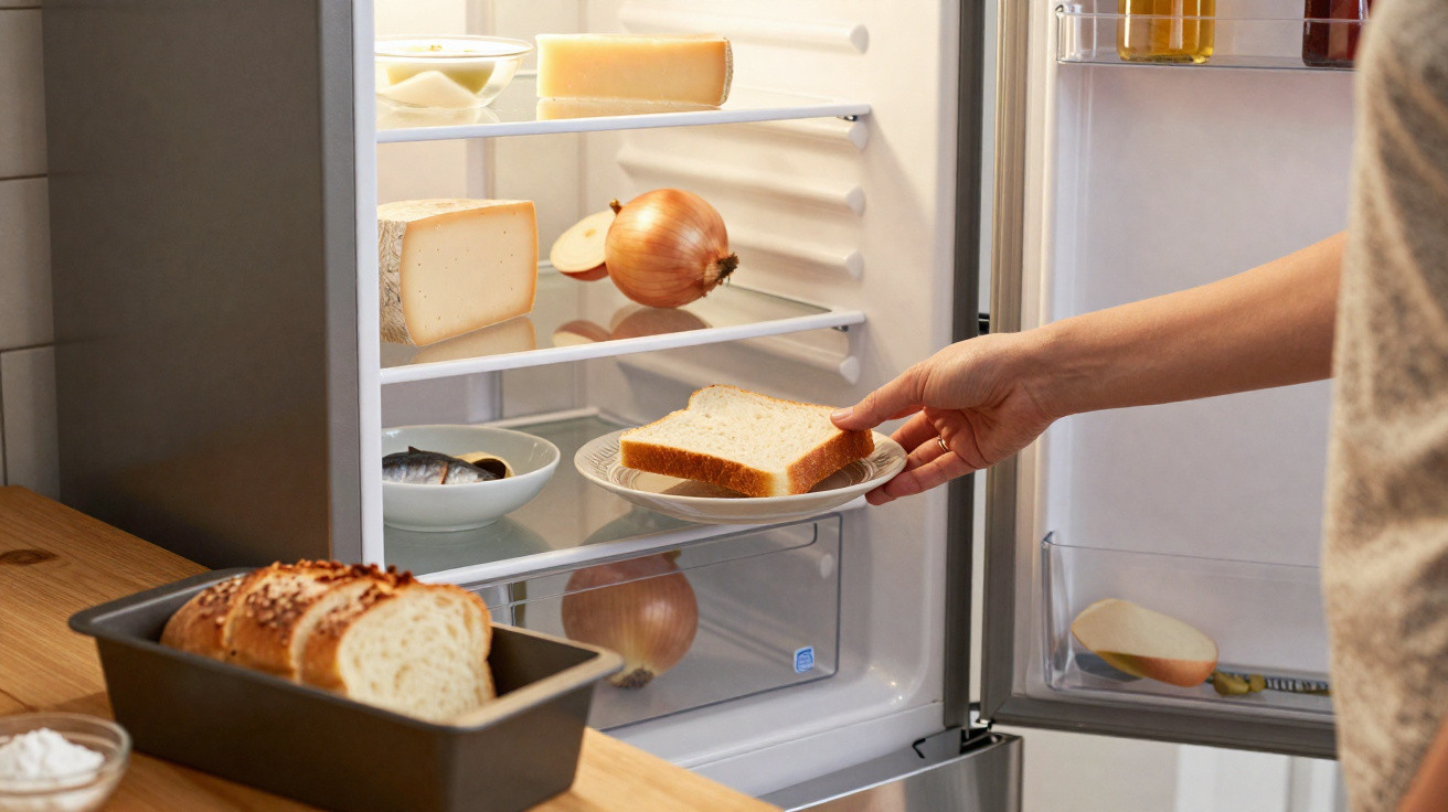 Hand legt Teller mit zwei Brotscheiben in Kühlschrank mit Käse, Zwiebel und Fischschale.