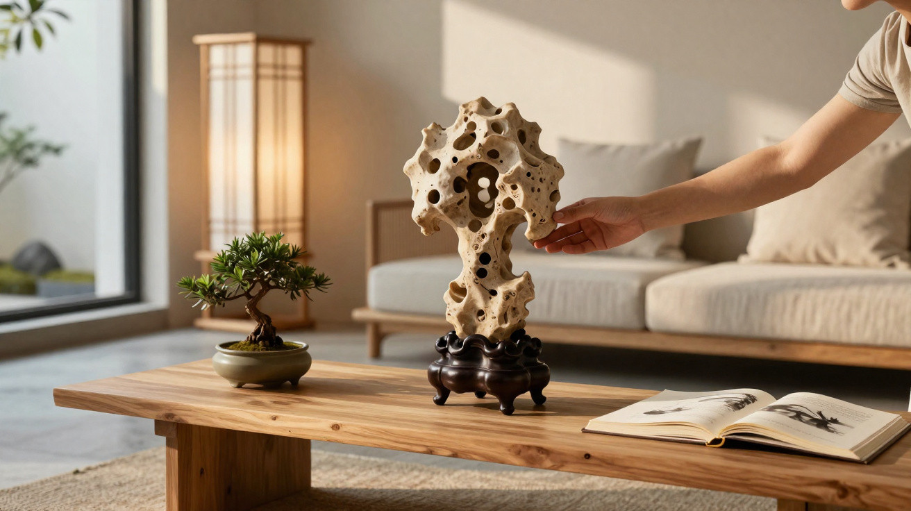 Hand berührt kunstvollen Steinschmuck auf Holztisch mit Bonsai, offenem Buch und Sofa in modernem Wohnzimmer.