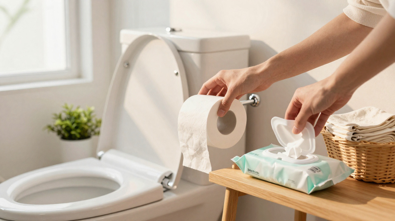 Person greift im Badezimmer nach Toilettenpapier und feuchtem Toilettentuch neben einer Toilette.
