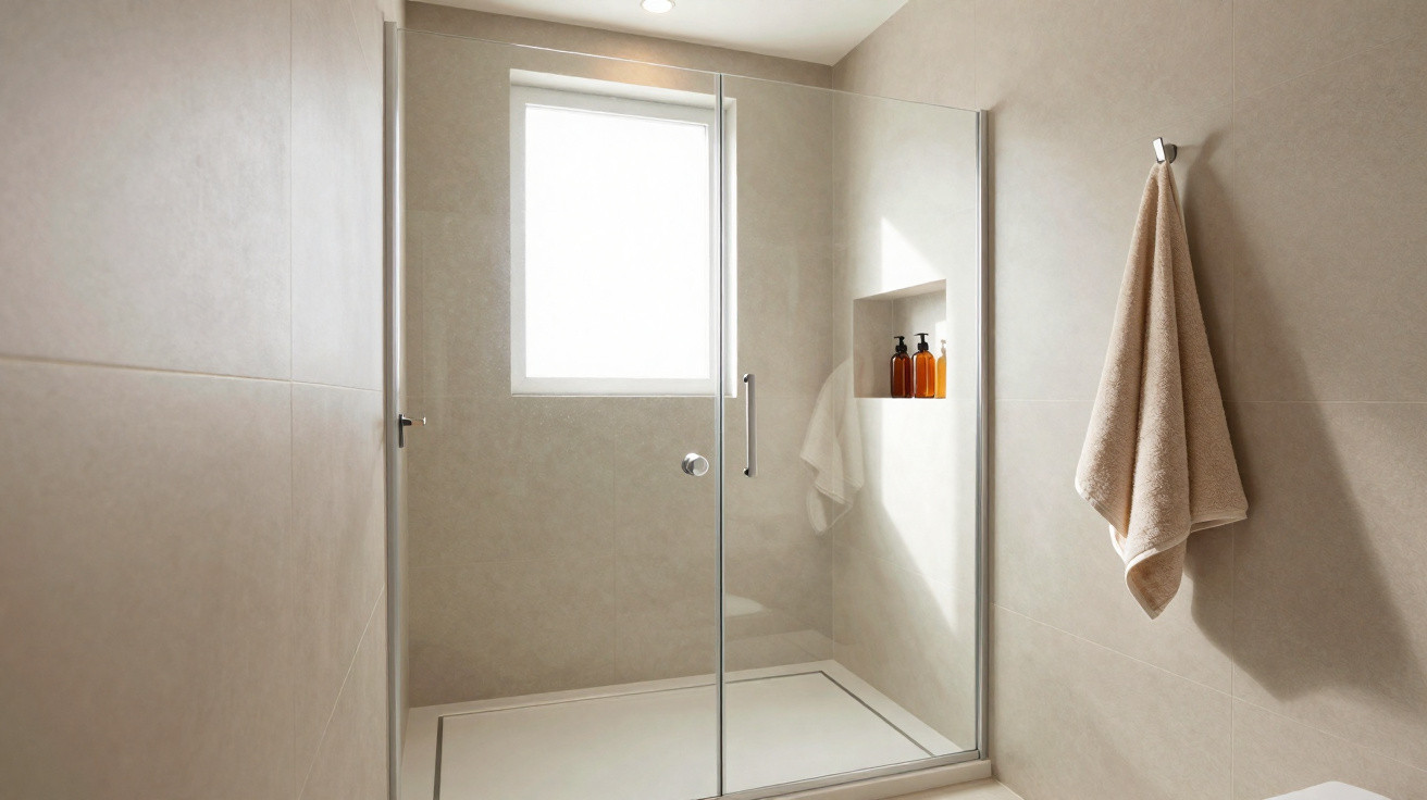 Minimalistische Dusche mit Glaswand, beige Handtuch an Haken und zwei Flaschen in Nische vor hellem Fenster