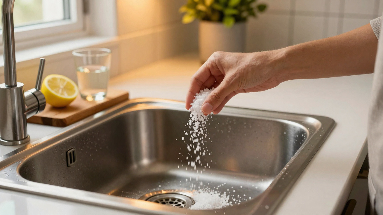 Hand streut Salz in Spüle aus Edelstahl in moderner Küche mit Zitrone und Glas Wasser am Fenster.
