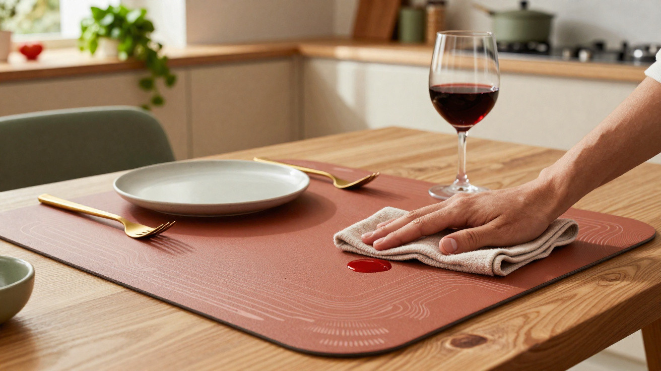 Hand wischt verschütteten Rotwein auf einer Tischunterlage neben Teller, Besteck und Weinglas ab.