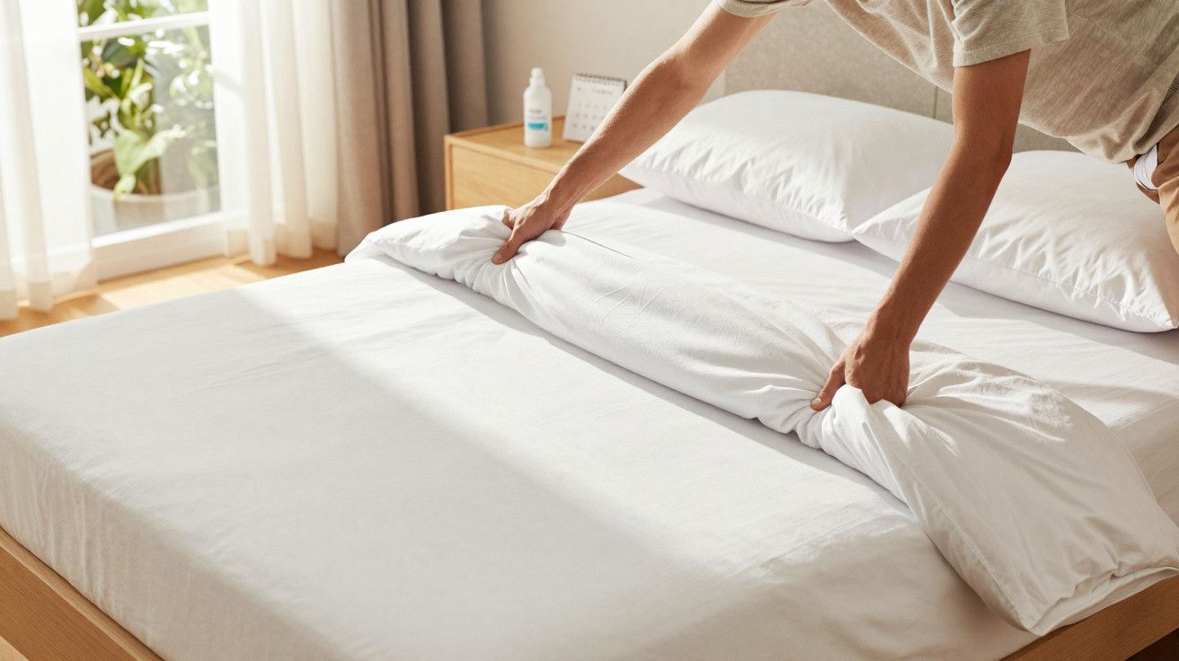 Person bezieht ein Bett mit weißen Laken und Kissen in einem hellen Schlafzimmer.