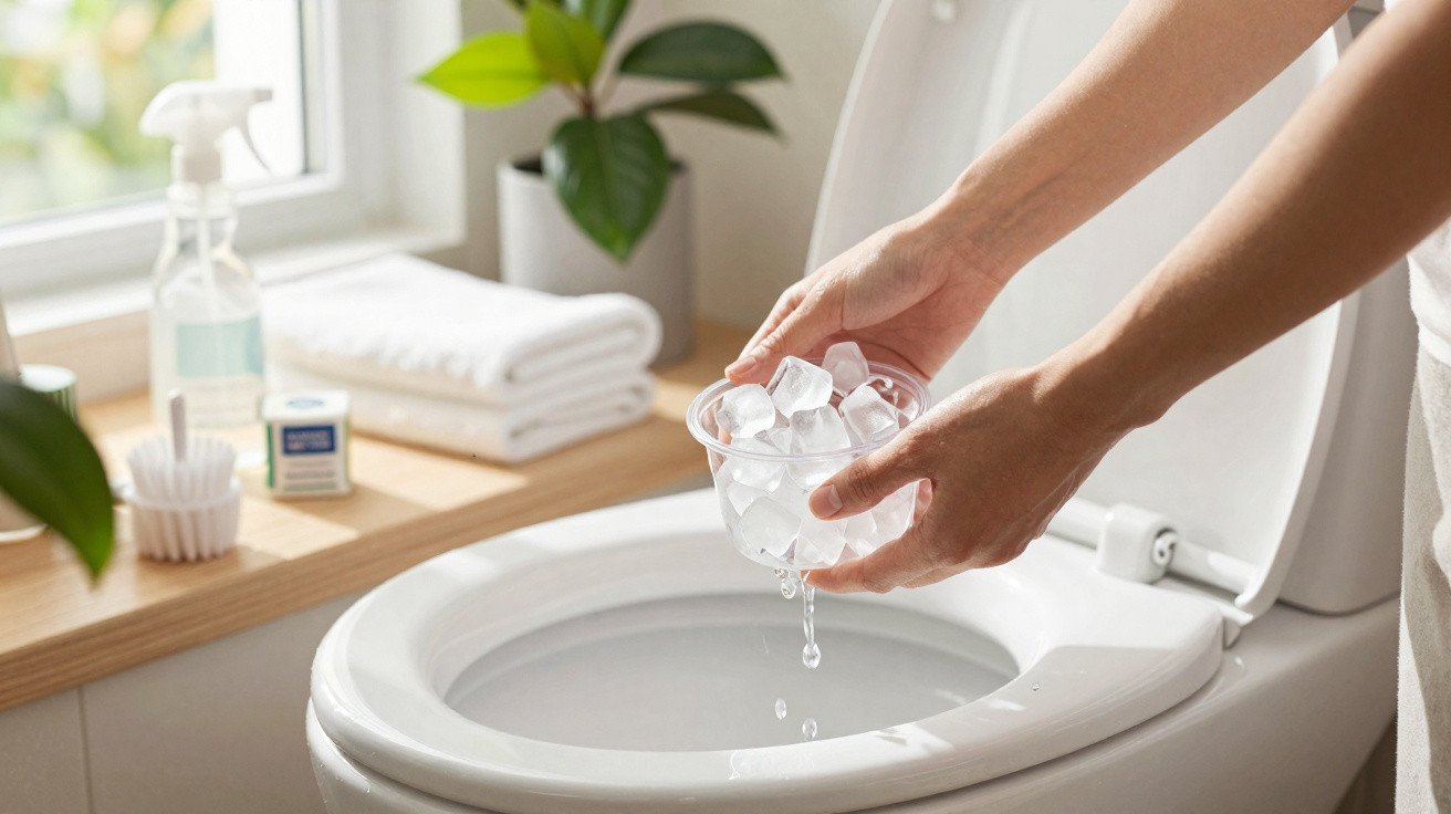 Person gießt Eiswürfel in die Toilette in einem hellen Badezimmer mit Pflanzen und Handtüchern.
