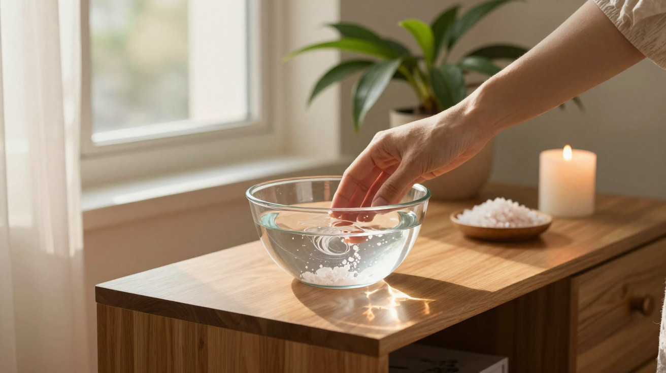 Hand taucht in durchsichtige Schüssel mit Wasser auf Holztisch, Kerze und Pflanze im Hintergrund