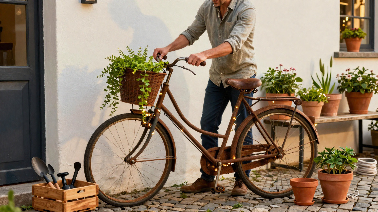 Mann stellt Fahrrad mit Korb voller Pflanzen vor Haus mit Blumentöpfen auf Pflastersteinboden ab.