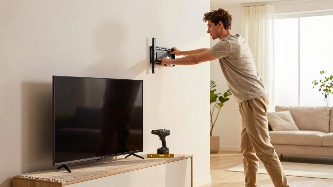 Mann montiert TV-Halterung an weiße Wohnzimmerwand, Fernseher steht auf Sideboard, Bohrmaschine liegt bereit.