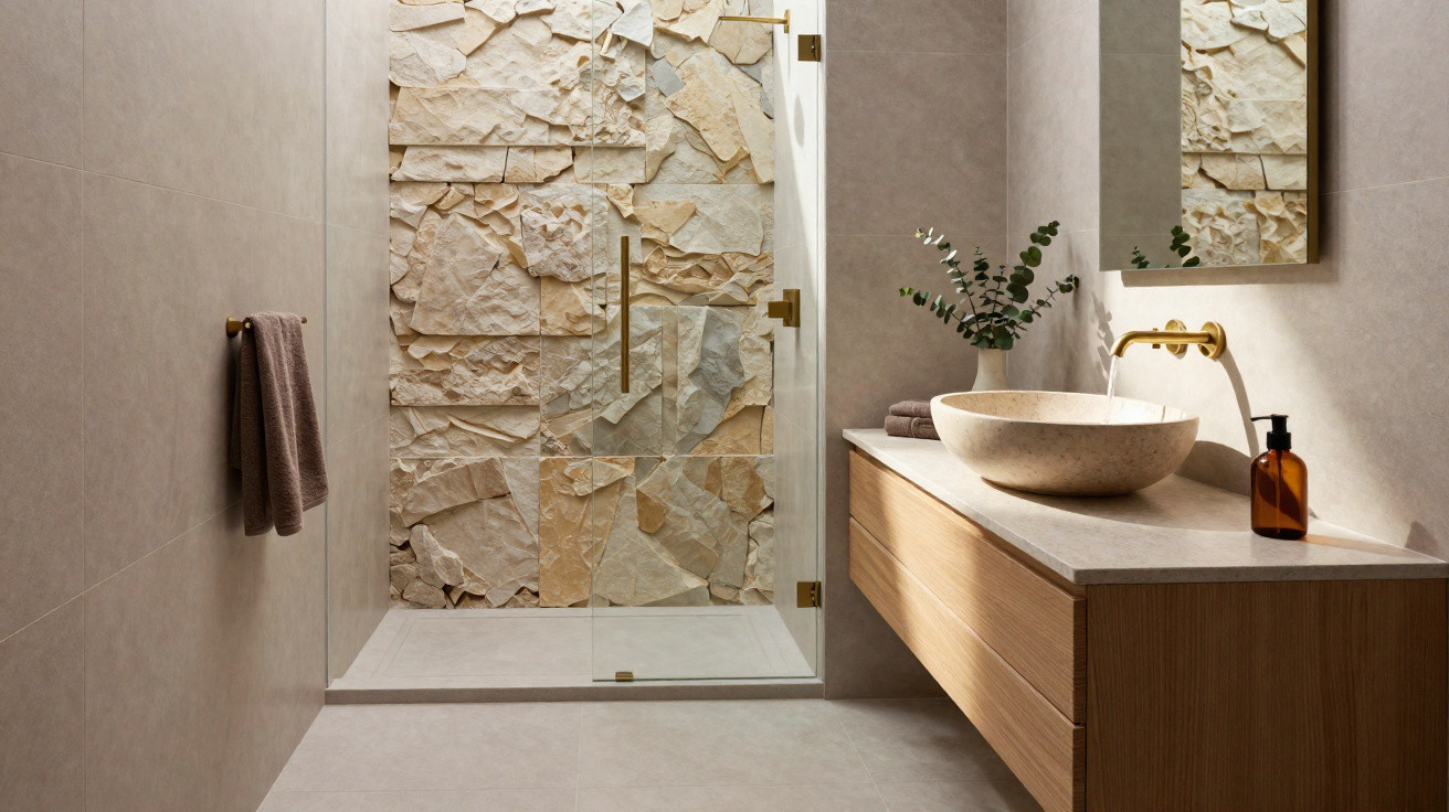 Modernes Badezimmer mit Naturstein-Duschwand, freistehendem Waschbecken und Holzwaschtisch.