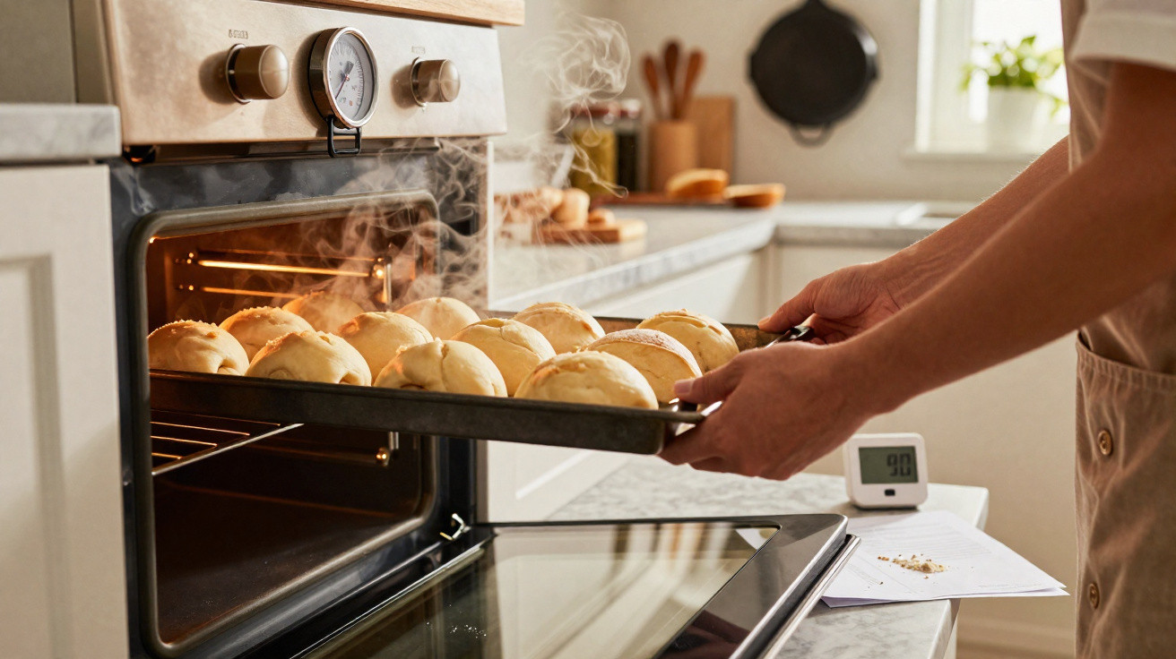 Person holt ein Backblech mit frisch gebackenen, dampfenden Brötchen aus dem Ofen in einer hellen Küche.