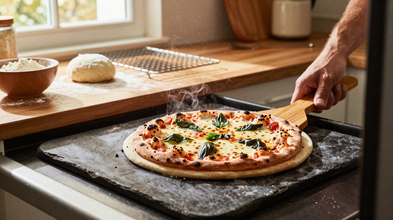 Frische, dampfende Pizza mit Basilikum wird aus dem Ofen geholt, Teig und Mehlsschüssel sind im Hintergrund sichtbar.