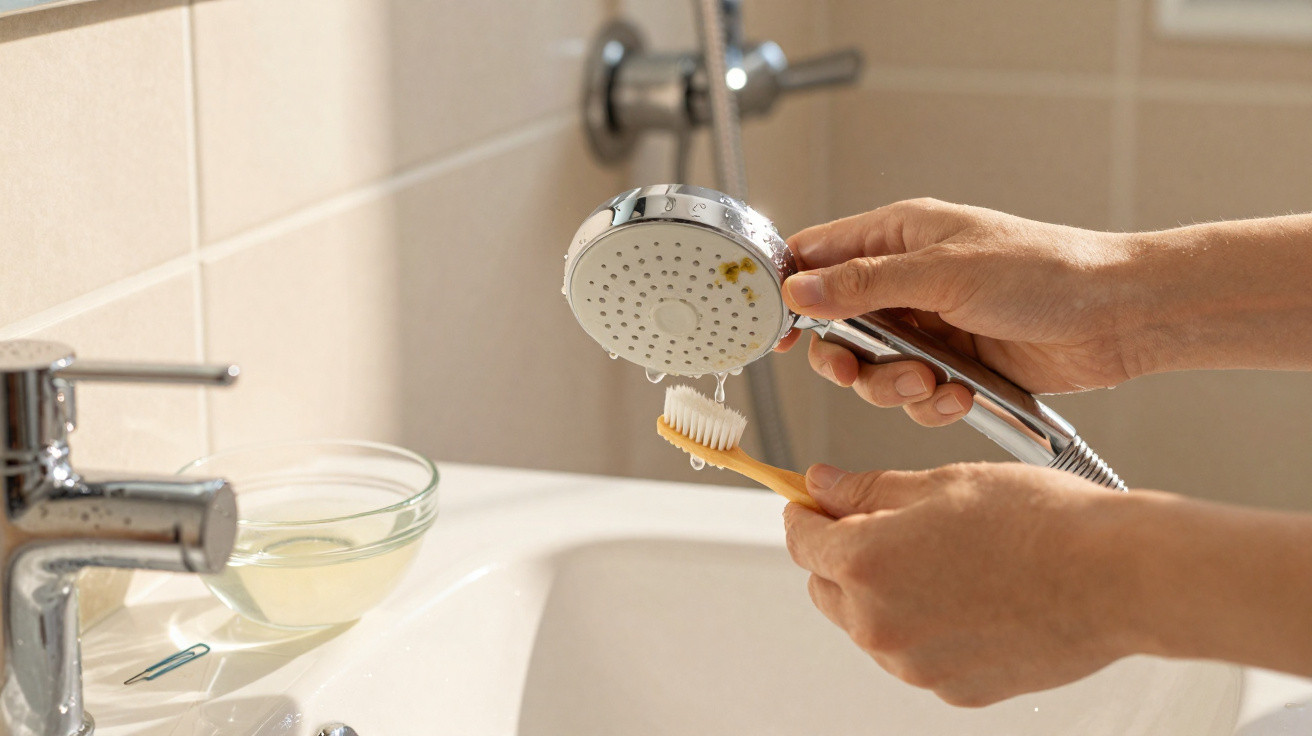 Hände spülen Zahnbürste mit Wasser aus der Dusche über einem Waschbecken im Badezimmer.