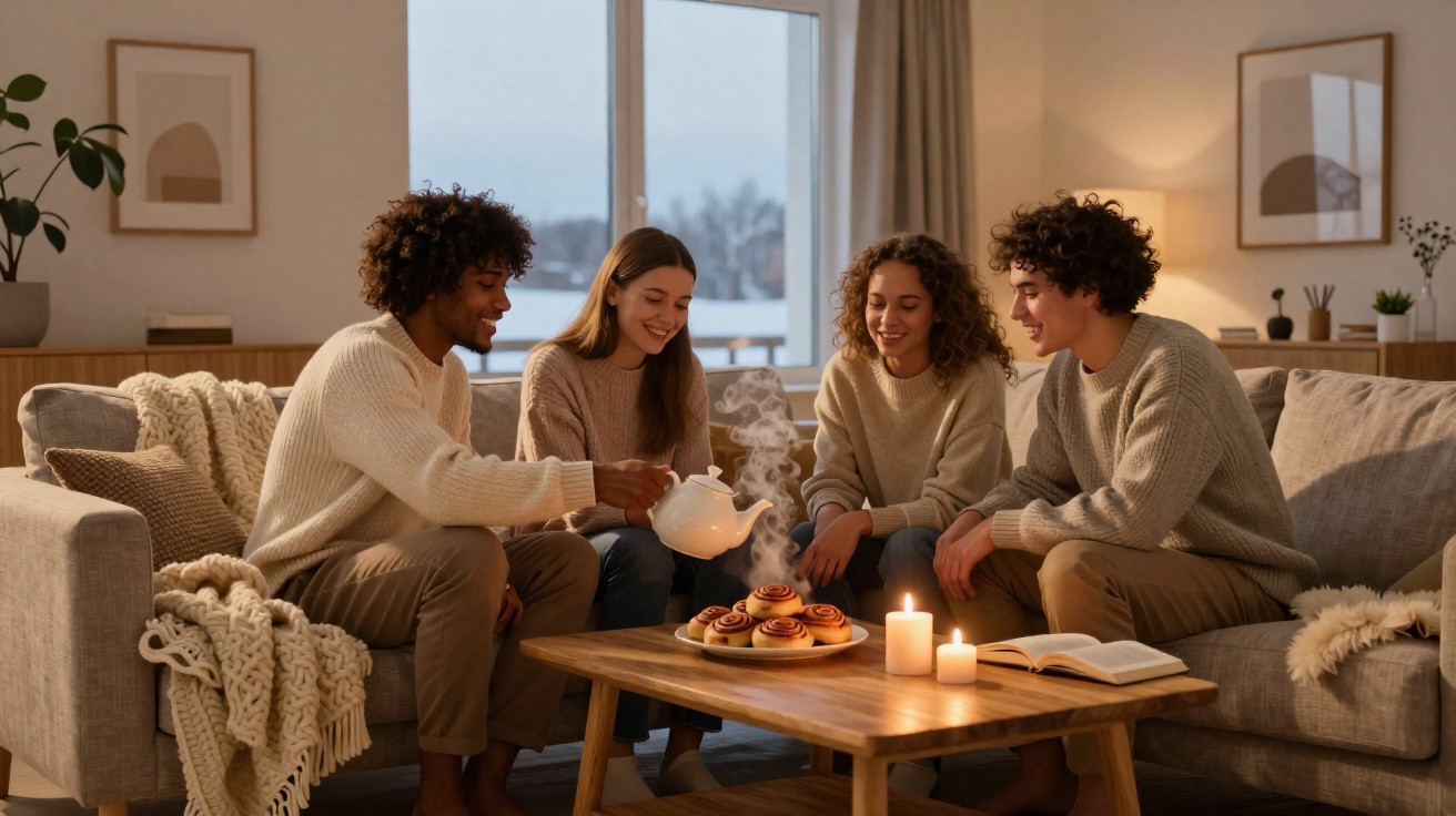 Vier junge Menschen sitzen gemütlich auf Sofas, trinken Tee und genießen Zimtschnecken am Holztisch.