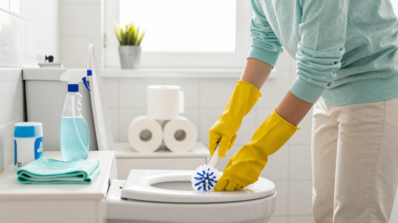 Person mit gelben Handschuhen reinigt WC mit Toilettenbürste in hellem Badezimmer mit Klopapierrollen.