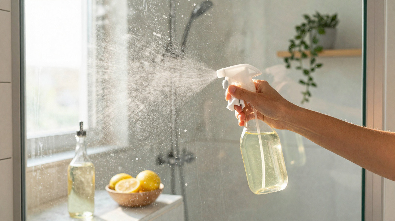 Hand sprüht Reinigungsmittel auf Glasfläche in hellen Badezimmer mit Fenster und Pflanzen.