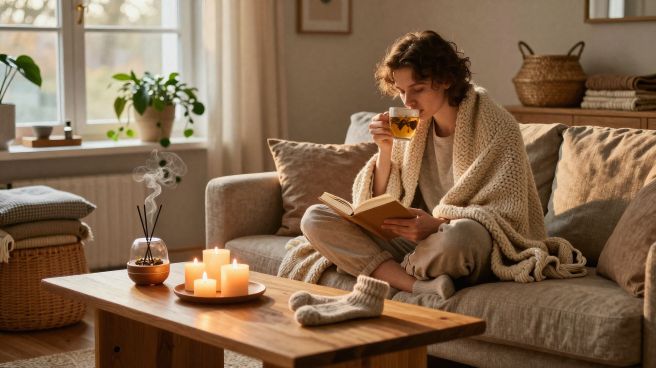 Frau sitzt gemütlich auf dem Sofa, liest ein Buch und trinkt Tee, umgeben von Kerzenlicht und Deko.