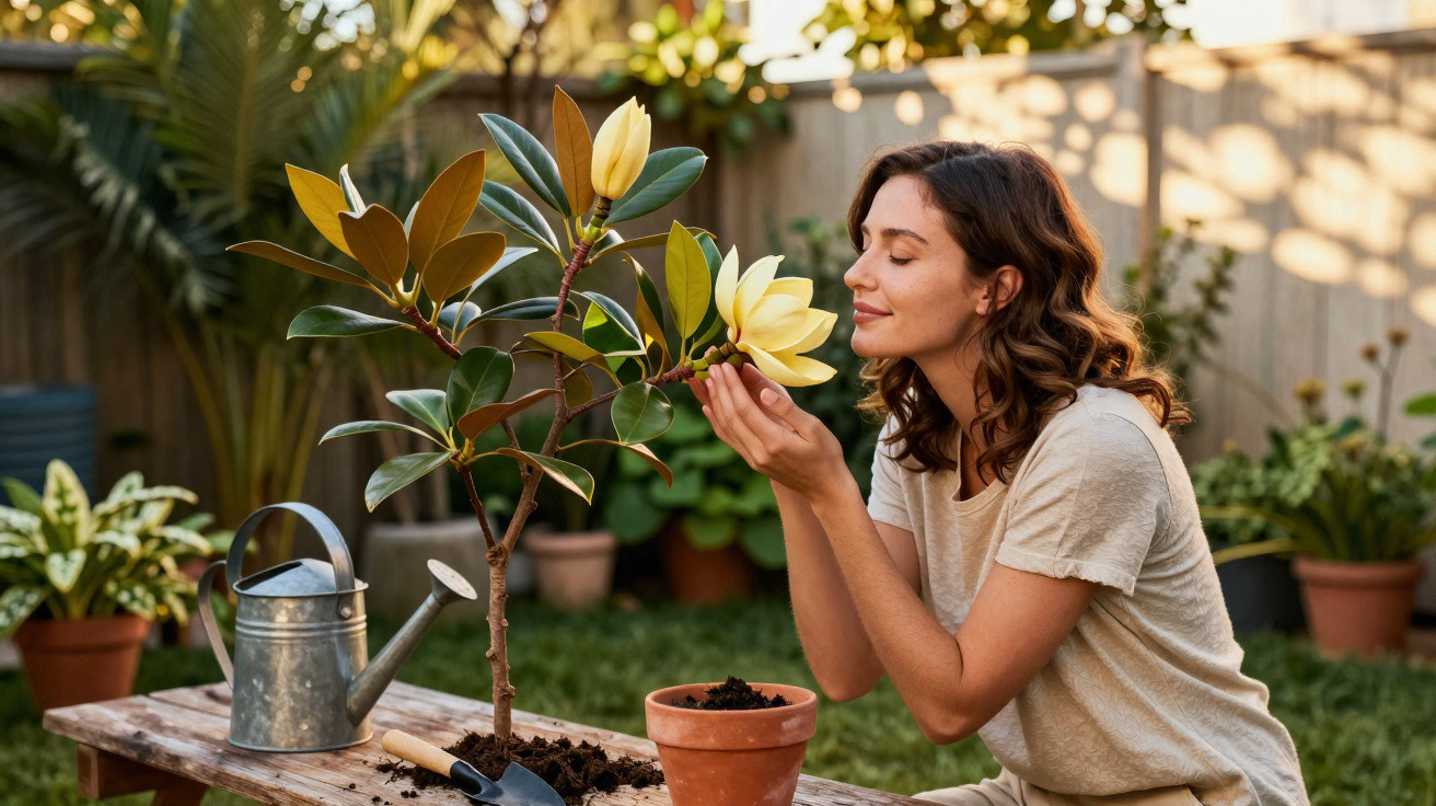 Frau riecht an einer gelben Blüte eines Magnolienbaums im Garten neben Gießkanne und Blumentopf.
