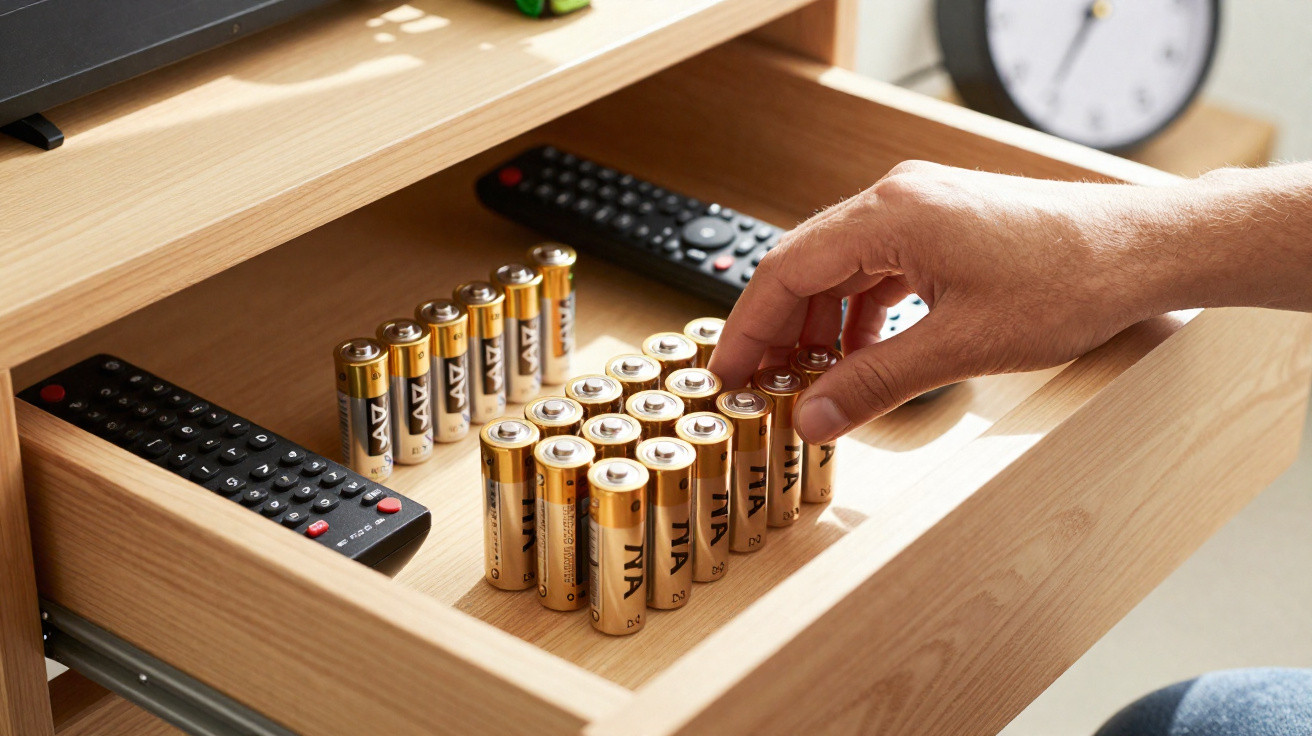 Hand nimmt eine AAA-Batterie aus einer Schublade mit mehreren Batterien und zwei Fernbedienungen.