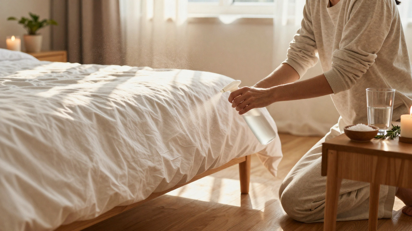 Person sprüht Bettwäsche mit Zerstäuber in hellem, sonnendurchflutetem Schlafzimmer ein.