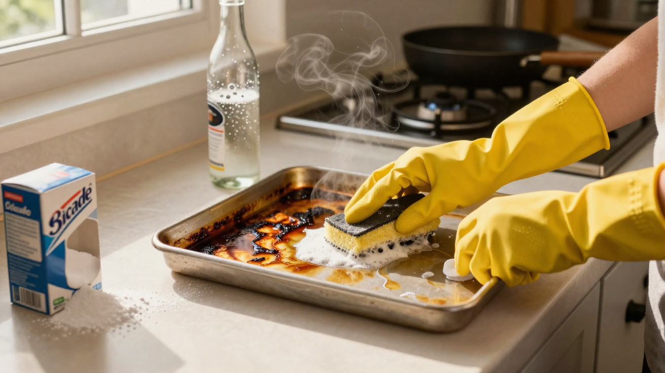 Person mit gelben Handschuhen reinigt eingebranntes Backblech mit Schwamm und Backpulver in heller Küche.