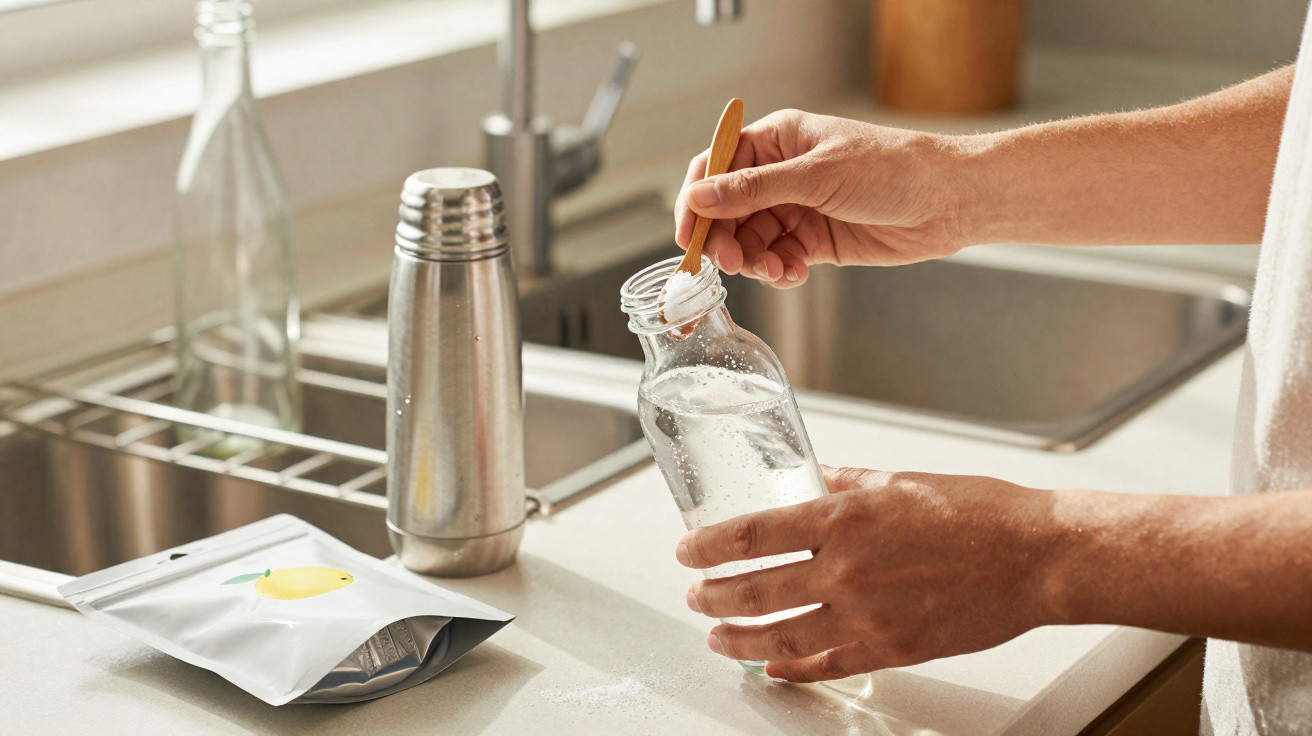 Person gibt Pulver aus einem kleinen Holzlöffel in eine mit Wasser gefüllte Glasflasche in einer Küche.