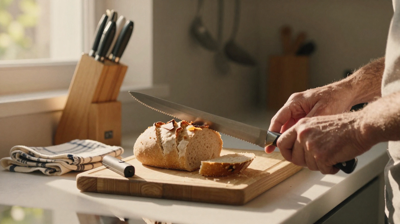 Person schneidet frisches Brot auf einem Holzbrett in heller Küche bei Tageslicht.