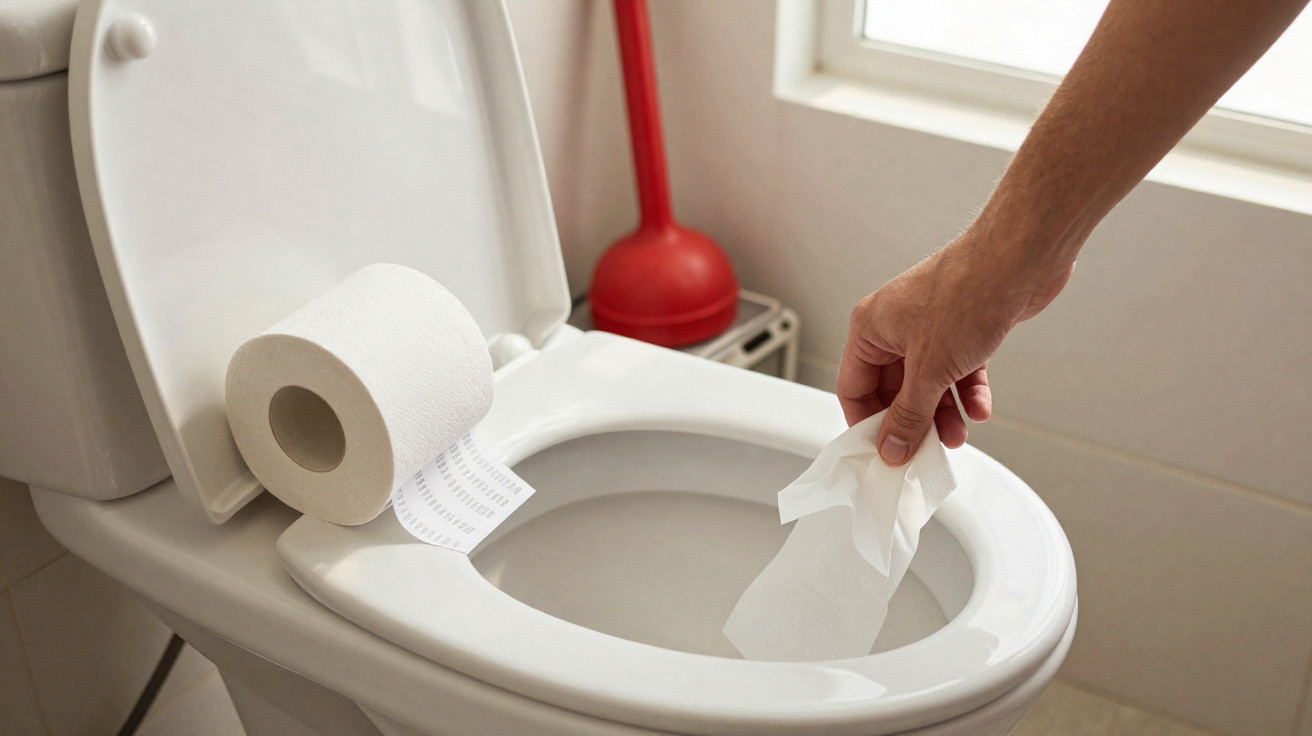 Hand entsorgt Toilettenpapier in weißer Toilette mit rotem Toilettenutensil im Hintergrund.