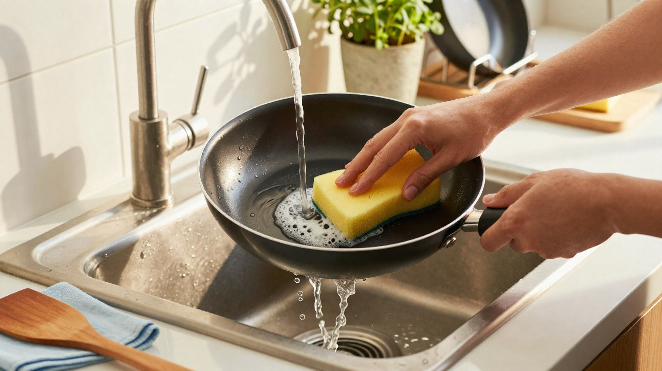 Hand wäscht Antihaftpfanne mit Schwamm unter fließendem Wasser in Spüle einer Küche.