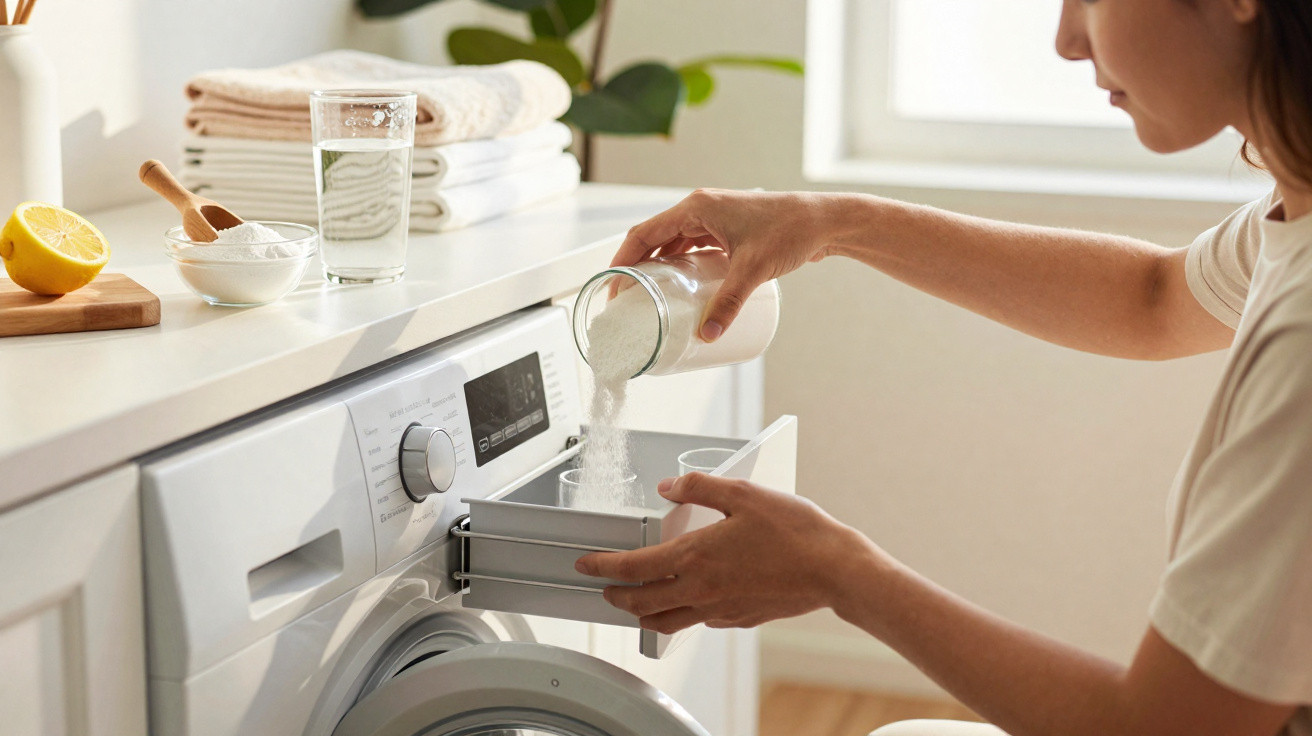Frau füllt Waschmittel in Waschmaschine ein, weiße Handtücher und Glas Wasser auf der Arbeitsplatte.