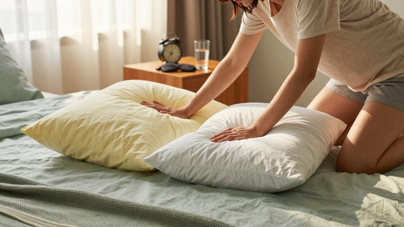 Person richtet zwei Kissen auf einem Bett in einem hellen Schlafzimmer mit Nachttisch und Wecker her.
