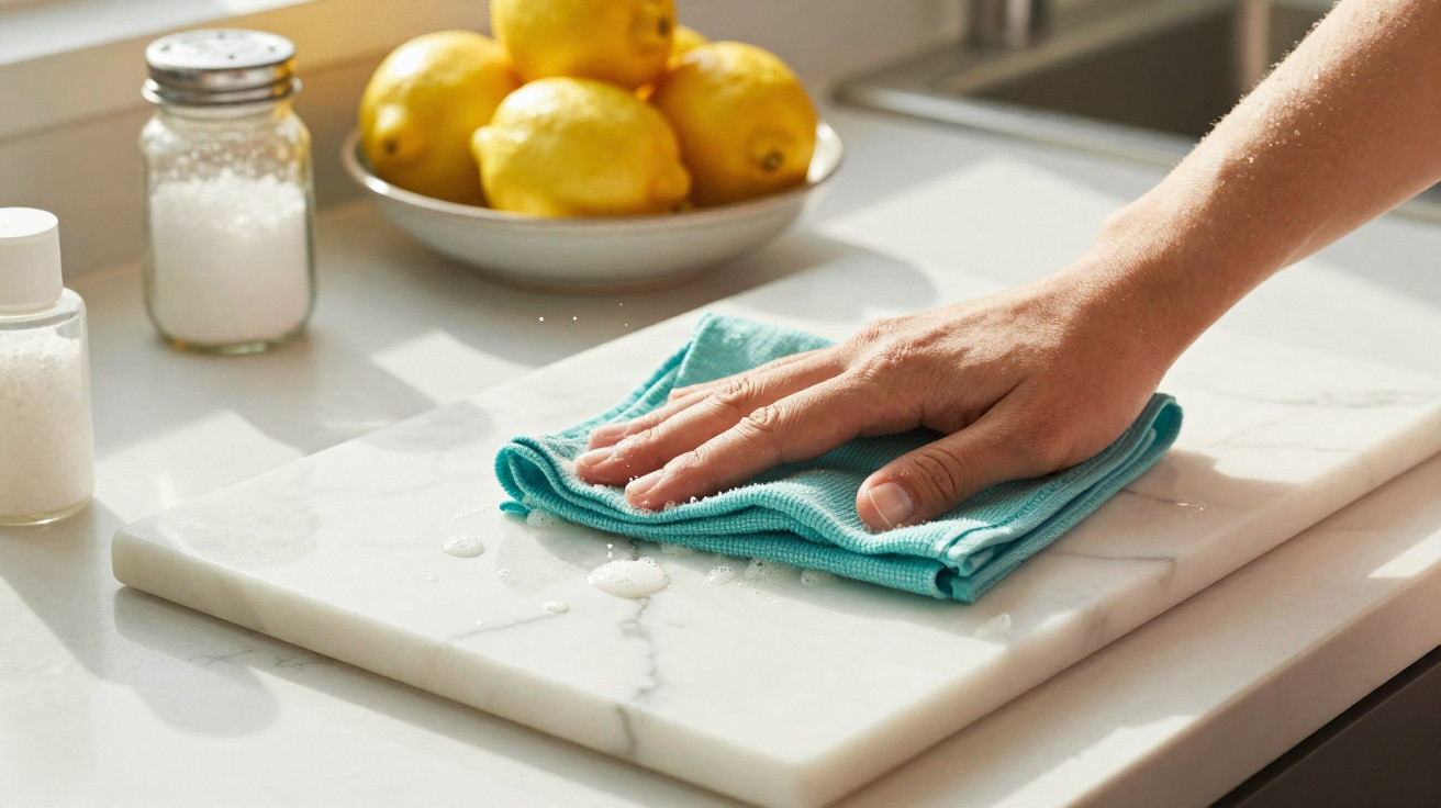 Hand wischt mit blauem Tuch eine nasse Marmorplatte in Küche mit Zitronenschale im Hintergrund.