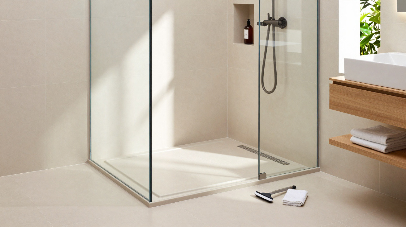 Moderne begehbare Dusche mit Glasabtrennung, beige Fliesen, Handtuch und Abzieher auf dem Boden.