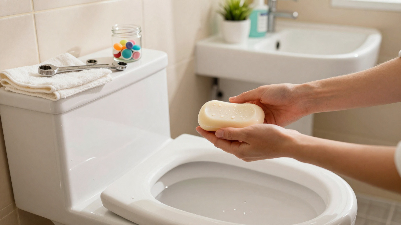 Hände halten Seifenstück über sauberem weißen Toilettensitz in Badezimmer mit Waschbecken im Hintergrund.