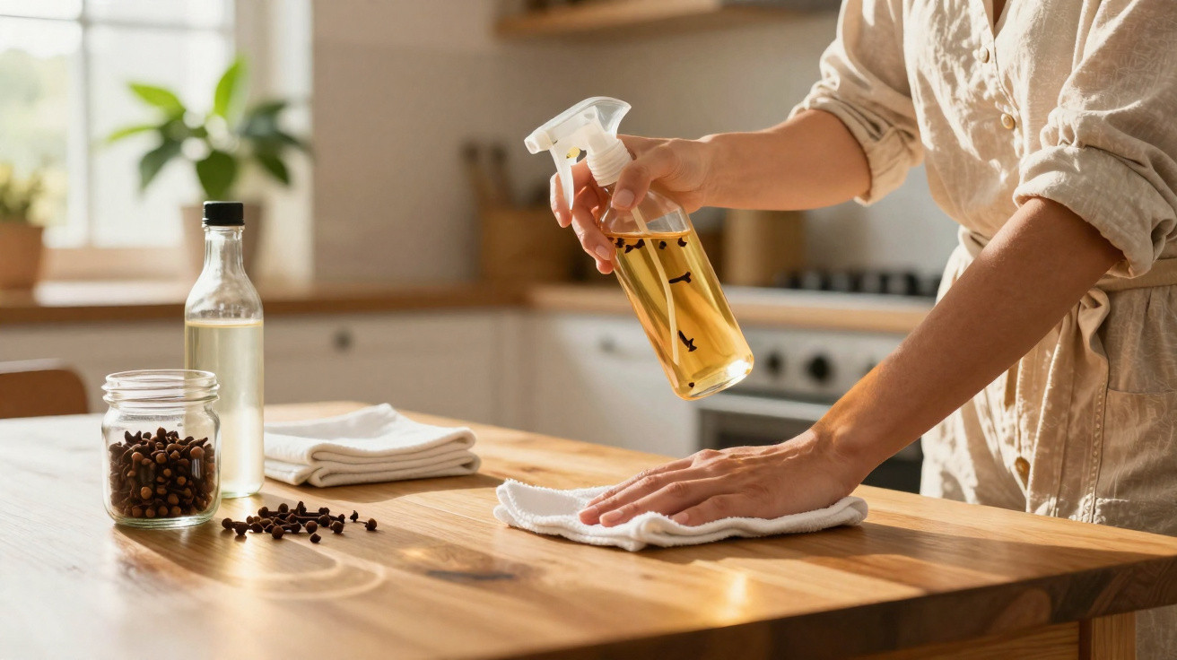 Person wischt mit einem Tuch eine Holzarbeitsplatte in der Küche und hält eine Sprühflasche mit Reinigungsmittel.
