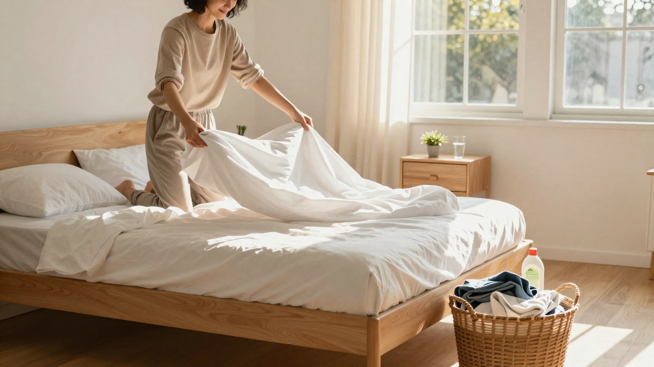 Frau macht Bett mit weißer Bettwäsche in hellem Schlafzimmer mit Fenster und Wäschekorb aus Weidekorb