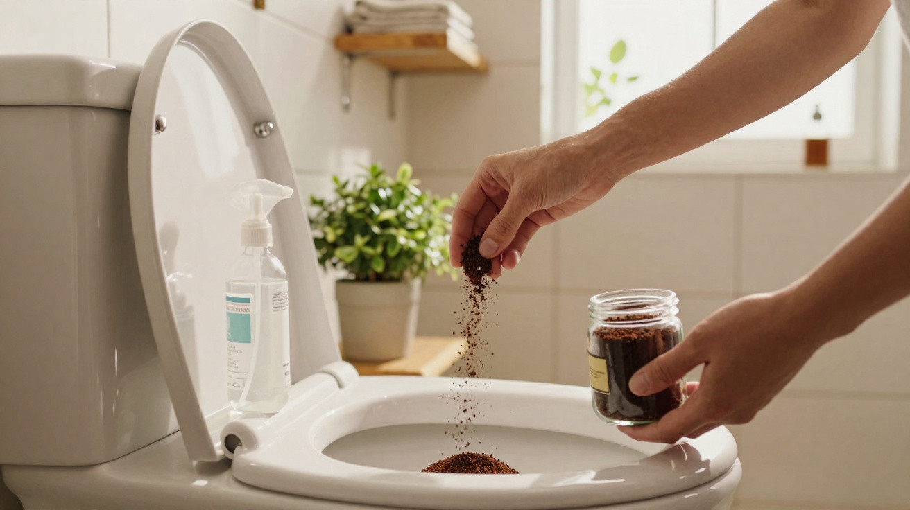 Hände streuen Kaffeepulver in eine offene Toilette in einem hellen Badezimmer mit Pflanze im Hintergrund.