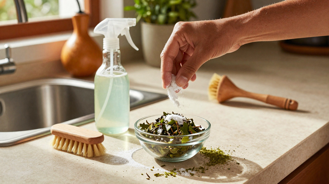 Hand streut Salz in Schüssel mit Kräutern auf Küchenarbeitsplatte mit Bürsten und Sprühflasche.