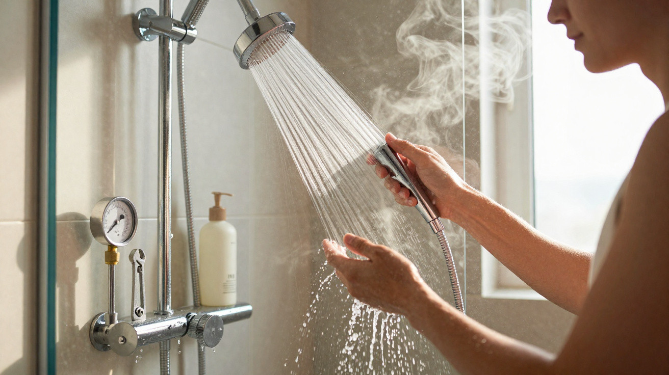 Person hält warmen Duschkopf in der Hand, dampfendes Wasser fließt in modernes Badezimmer mit Thermostat.