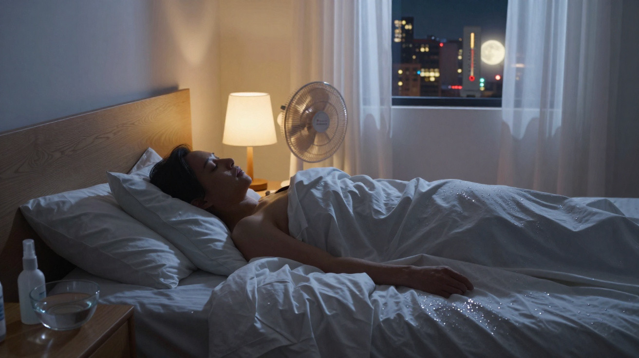 Frau liegt wach im Bett, Lampe und Ventilator an, Vollmond durch das Fenster in der Nacht zu sehen.
