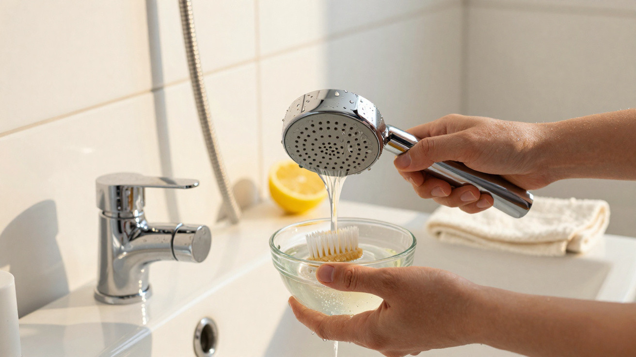 Wasser aus Duschkopf spült Bürste über Glasschüssel in Badezimmer mit Zitrone im Hintergrund.