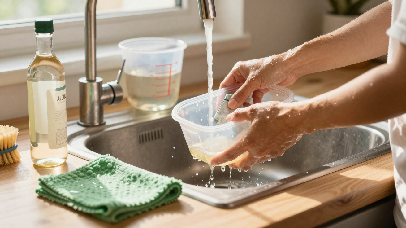 Person spült Plastikbehälter unter fließendem Wasser an der Küchenspüle.