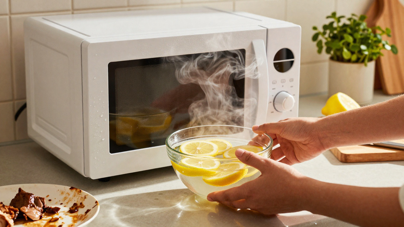 Dampfende Glasschüssel mit Zitronenscheiben vor weißer Mikrowelle auf Küchenarbeitsplatte.