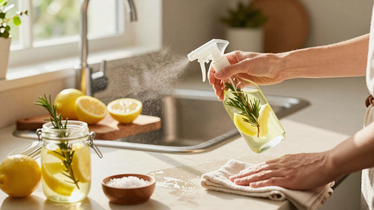 Person sprüht selbstgemachtes Zitronen-Rosmarin-Reinigungsmittel in moderner Küche mit Spüle und Handtuch.