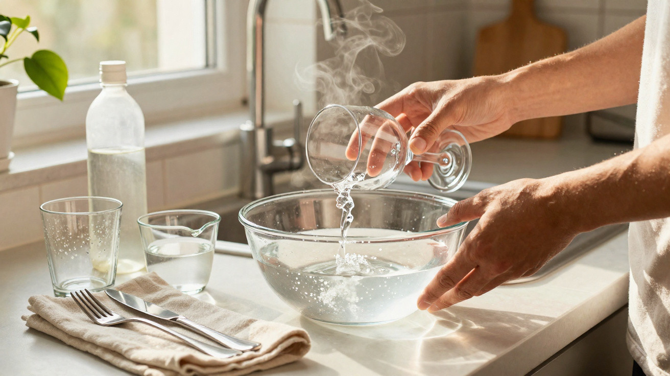 Person gießt heißes Wasser aus einem Weinglas in eine Glasschüssel auf der Küchenarbeitsplatte.