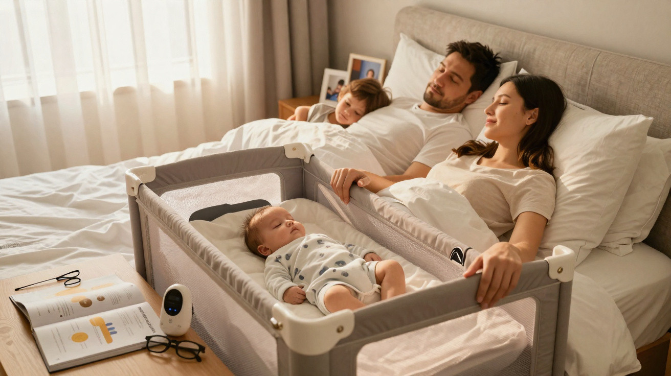 Eltern und Kind liegen im Bett, Baby schläft in einem Beistellbett neben ihnen.